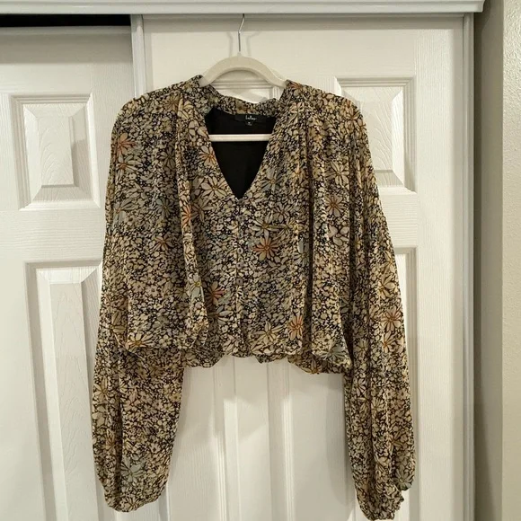 Lulus Season Of Blooms Cream Multi Floral Print Balloon Sleeve Top Beige - Picture 2 of 5